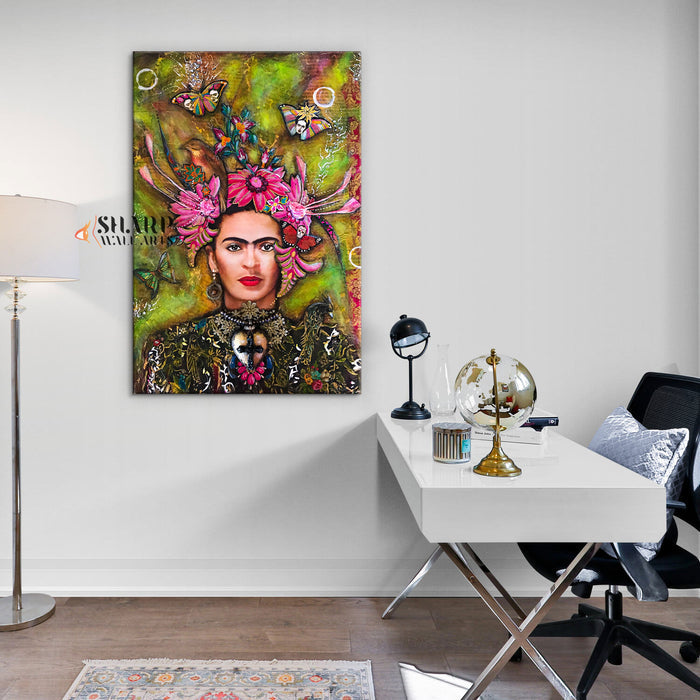 Frida Kahlo Butterfly And Flowers Canvas Wall Art