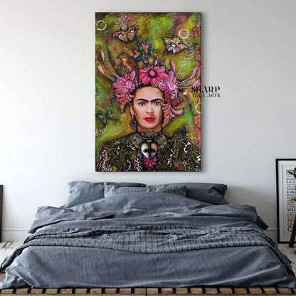 Frida Kahlo Butterfly And Flowers Canvas Wall Art