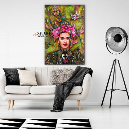 Frida Kahlo Butterfly And Flowers Canvas Wall Art