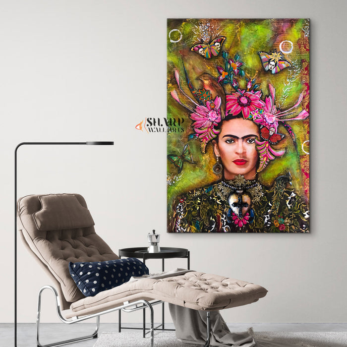 Frida Kahlo Butterfly And Flowers Canvas Wall Art