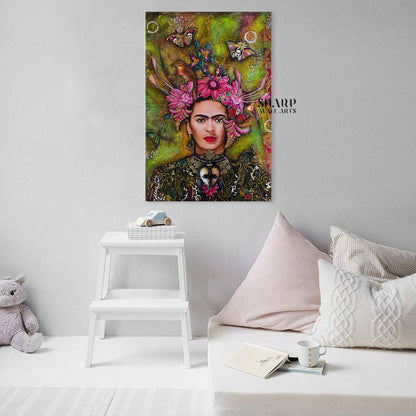 Frida Kahlo Butterfly And Flowers Canvas Wall Art