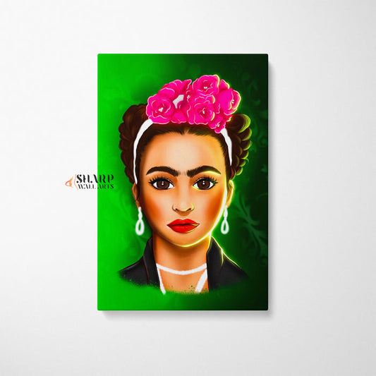 Frida Kahlo Cartoon Character Green Canvas Wall Art