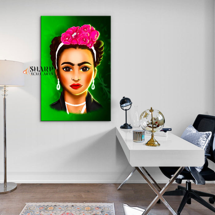 Frida Kahlo Cartoon Character Green Canvas Wall Art