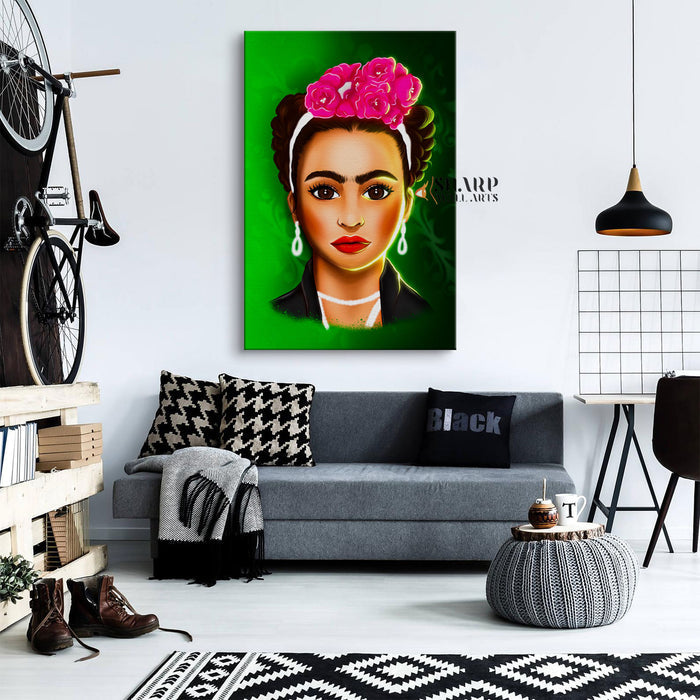 Frida Kahlo Cartoon Character Green Canvas Wall Art