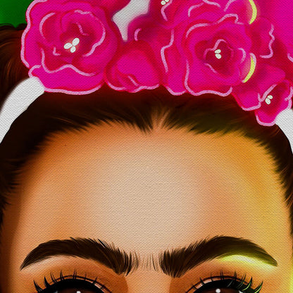 Frida Kahlo Cartoon Character Green Canvas Wall Art