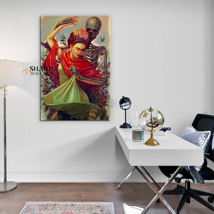 Frida Kahlo Dancing With Skeleton Canvas Wall Art