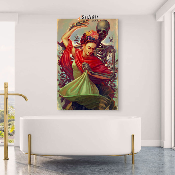 Frida Kahlo Dancing With Skeleton Canvas Wall Art