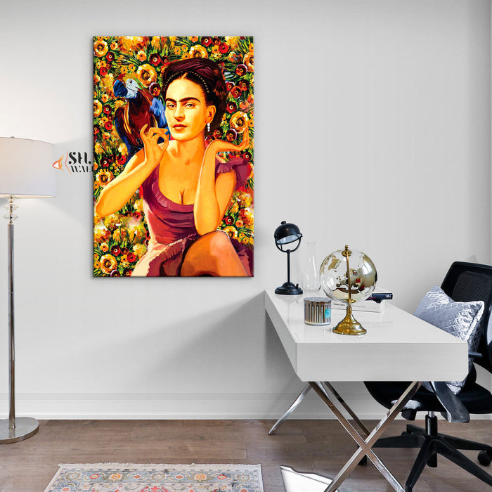 Frida Kahlo Parrot And Flowers Canvas Wall Art