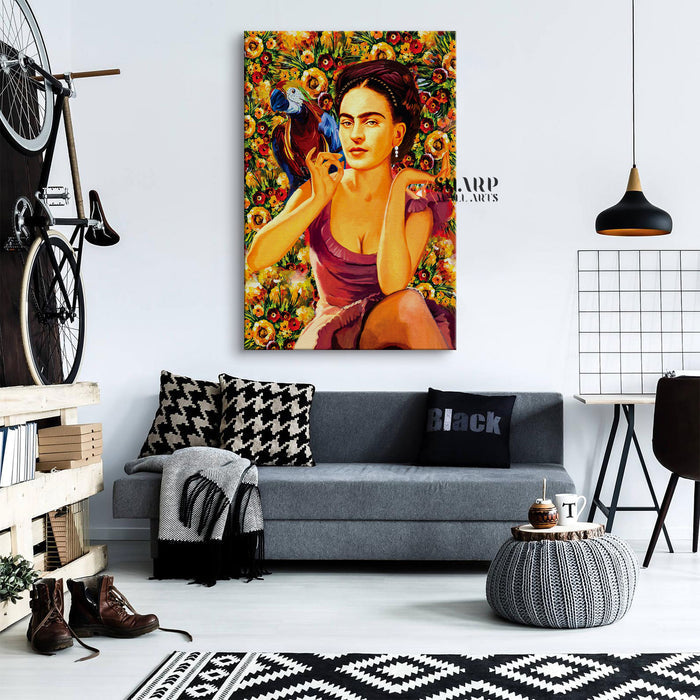 Frida Kahlo Parrot And Flowers Canvas Wall Art