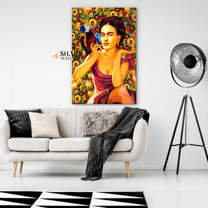 Frida Kahlo Parrot And Flowers Canvas Wall Art