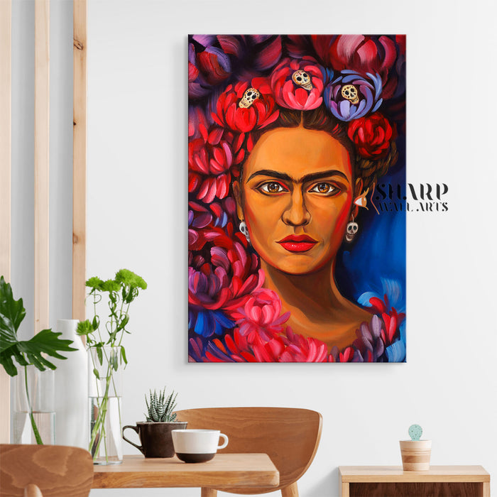Frida Kahlo Portrait Flowers Skull Canvas Wall Art