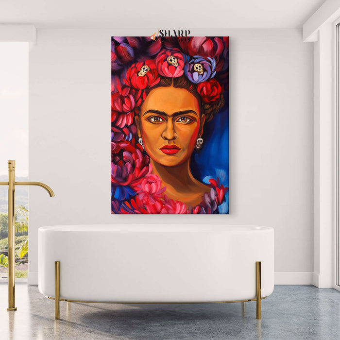 Frida Kahlo Portrait Flowers Skull Canvas Wall Art