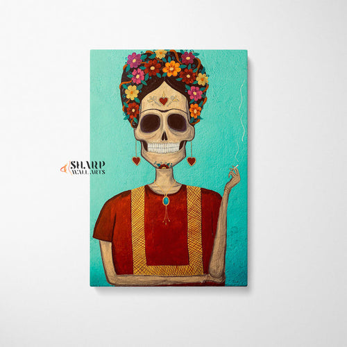 Frida Kahlo Portrait Skull Smoking Canvas Wall Art