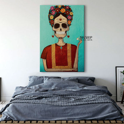 Frida Kahlo Portrait Skull Smoking Canvas Wall Art