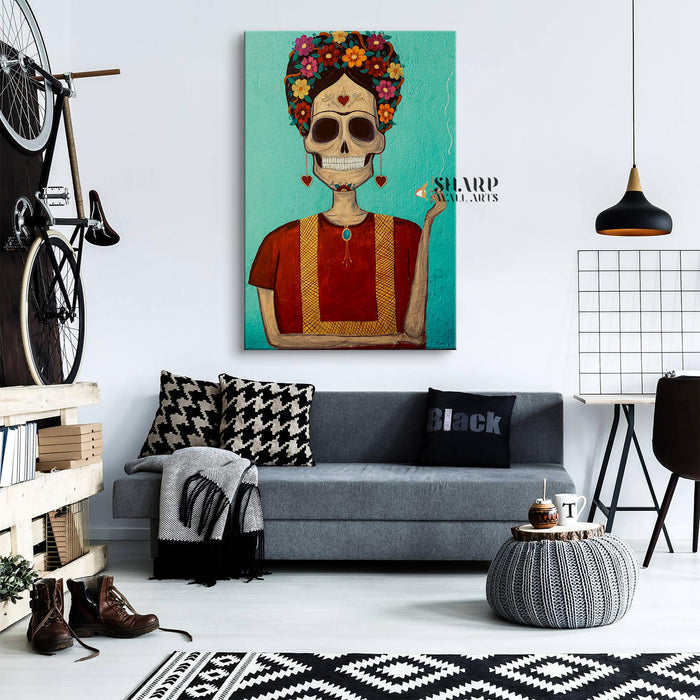 Frida Kahlo Portrait Skull Smoking Canvas Wall Art