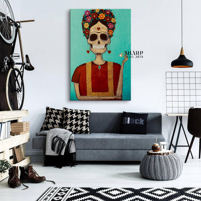 Frida Kahlo Portrait Skull Smoking Canvas Wall Art