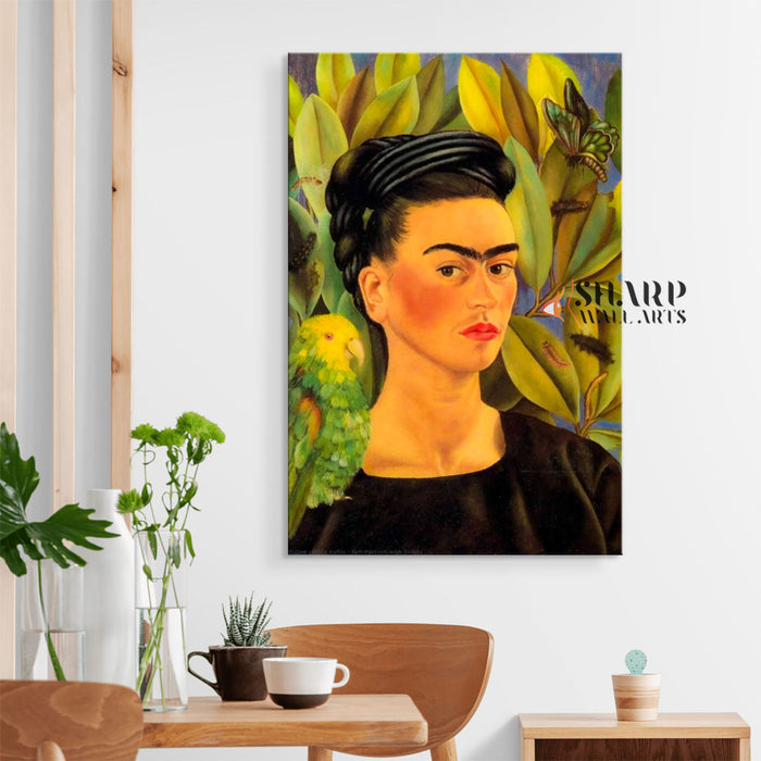 Frida Kahlo Portrait With Parrot Canvas Wall Art