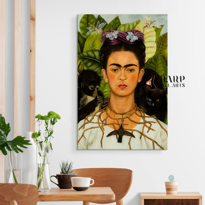 Frida Kahlo Portrait With Thorn Necklace And Hummingbird Canvas Wall Art