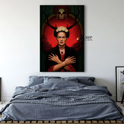 Frida Kahlo Red Deer Horns Canvas Wall Art