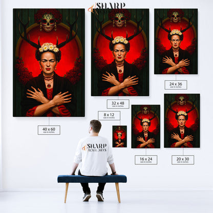 Frida Kahlo Red Deer Horns Canvas Wall Art