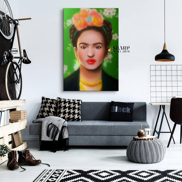 Frida Kahlo Self Portrait Green Canvas Wall Art