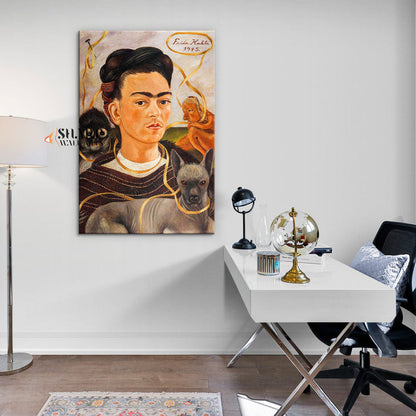 Frida Kahlo Self Portrait With Small Monkey Canvas Wall Art