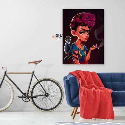 Frida Kahlo Smoking with Monkey Canvas Wall Art
