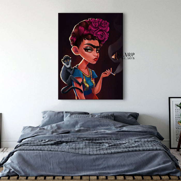 Frida Kahlo Smoking with Monkey Canvas Wall Art
