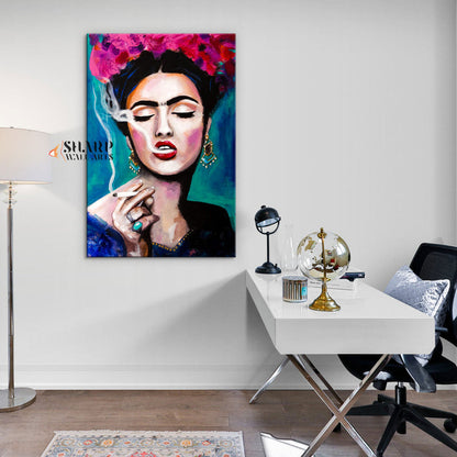 Frida Kahlo Smoking With Pink Flowers in Hair Canvas Wall Art
