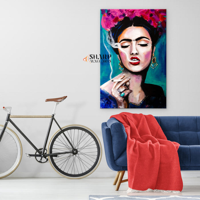 Frida Kahlo Smoking With Pink Flowers in Hair Canvas Wall Art