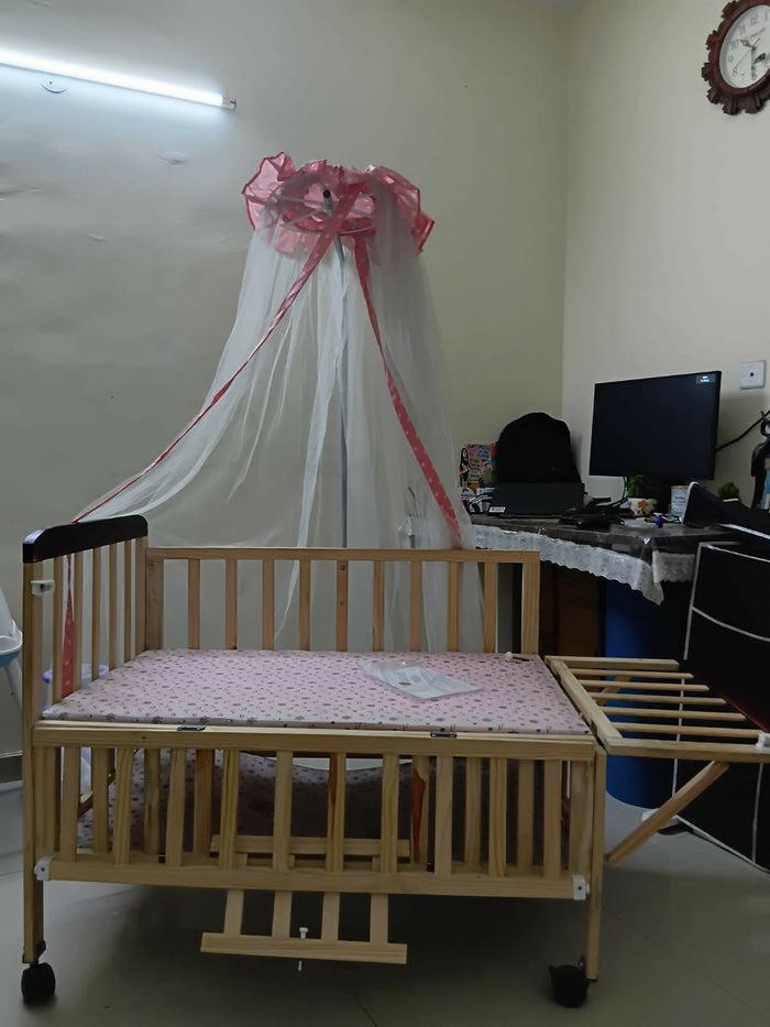 FURNIFEST Wooden Baby Cot/Crib in Almost New condition featuring sturdy wooden construction, spacious sleeping area, protective side rails, and a classic design for a comfortable nursery setup.