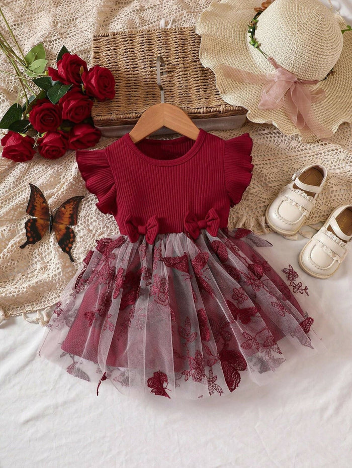 Girls Maroon Butterfly Net Party Dress with Bow