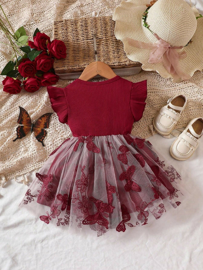Girls Maroon Butterfly Net Party Dress with Bow