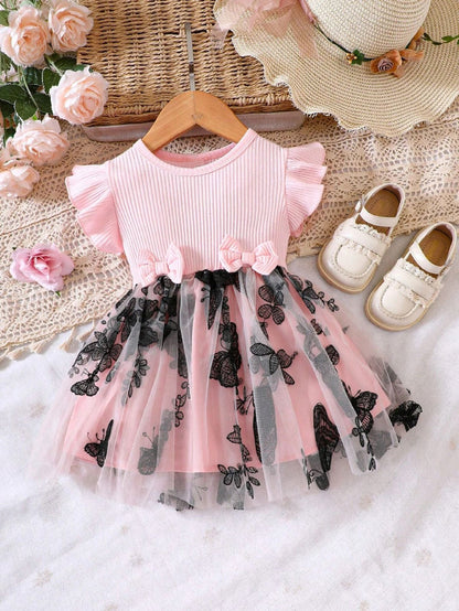 Girls Butterfly Net Party Dress with Bow