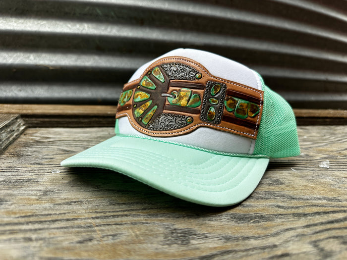 Green Turquoise Handtooled Buckle Cap