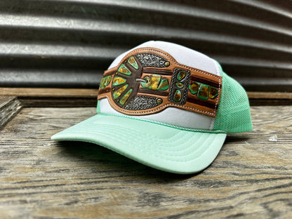 Green Turquoise Handtooled Buckle Cap