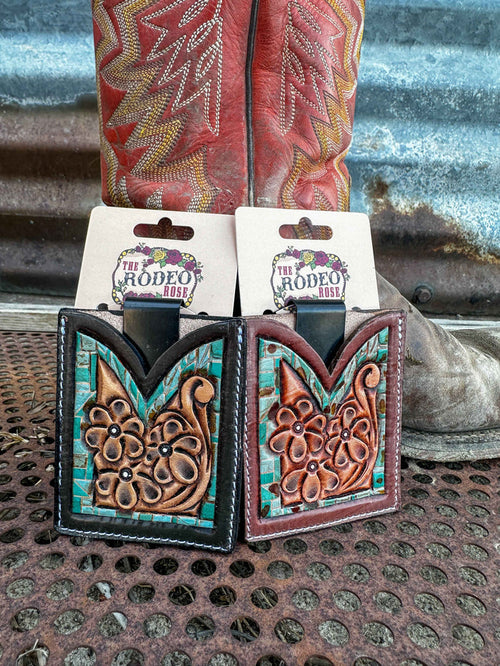 Hand Tooled Leather Boot Wallet with Petite Flowers and Turquoise Border