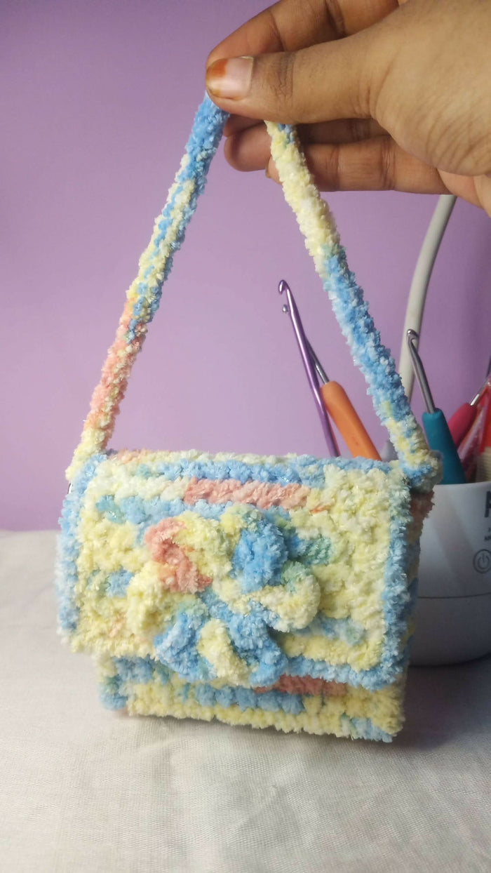 Handmade Plush Crochet Mini Shoulder Bag – Pastel Floral Design | Soft Chenille Yarn Purse