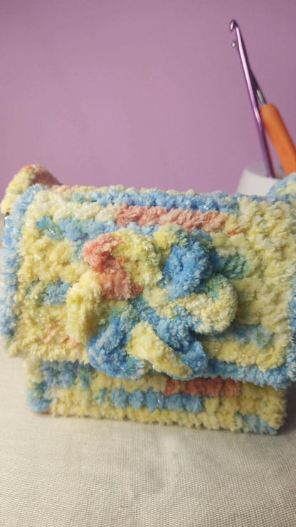 Handmade Plush Crochet Mini Shoulder Bag – Pastel Floral Design | Soft Chenille Yarn Purse