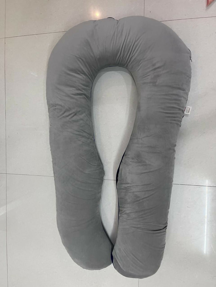 Grey-blue HIPUTEE U-shaped pregnancy pillow with velvet cover for full body support and comfortable maternity sleep
