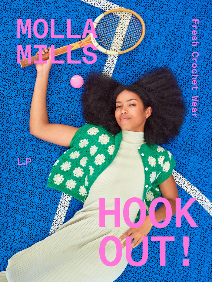 Person holding a tennis racket and ball with 'Molla Mills' branding on a blue background