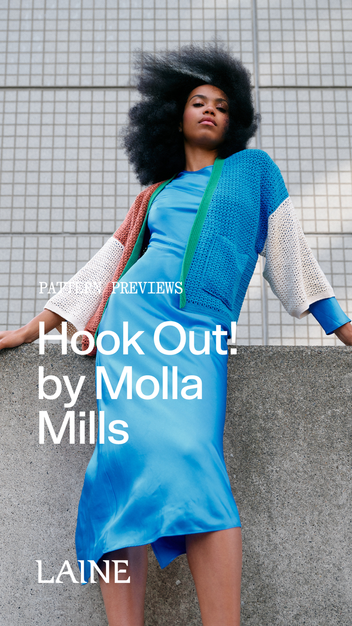 Woman wearing a blue dress with a green accent against a grid-patterned wall, featuring 'Hook Out! by Molla Mills' text.