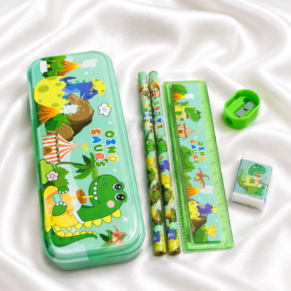 iLearnNGrow Dino Theme Stationery Rakhi Combo featuring a fun dinosaur pencil box set with a matching Dino Rakhi, combining useful stationery and festive fun for kids this Raksha Bandhan.