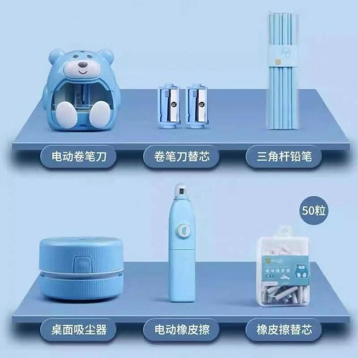The stationery set includes electric pencil sharpener, electric eraser, desktop vacuum cleaner and 10 eraser refills, which is a good helper for your study