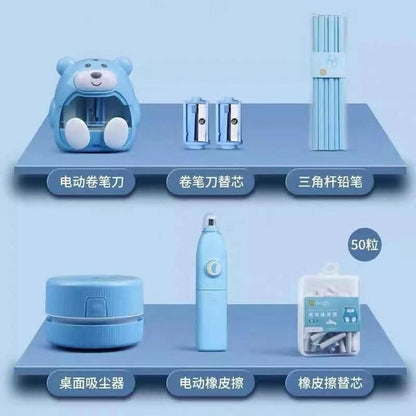The stationery set includes electric pencil sharpener, electric eraser, desktop vacuum cleaner and 10 eraser refills, which is a good helper for your study