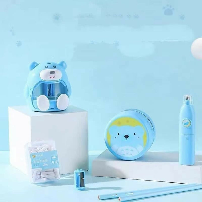 The stationery set includes electric pencil sharpener, electric eraser, desktop vacuum cleaner and 10 eraser refills, which is a good helper for your study