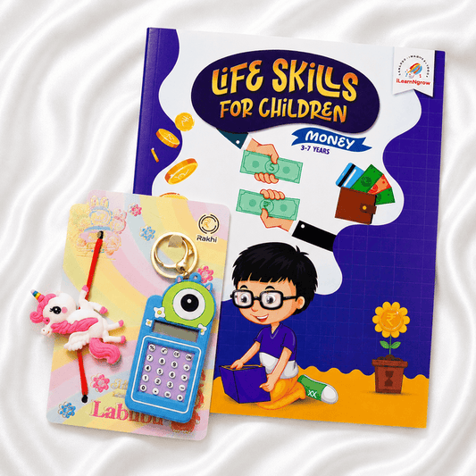 iLearnngrow Financial Literacy Rakhi Combo featuring a festive Rakhi paired with engaging money-learning activities designed to introduce kids to saving, spending, budgeting, and basic financial concepts through play.