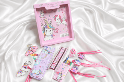 iLearnNGrow Unicorn Theme Stationery Rakhi Combo featuring a colorful unicorn pencil box set with a charming castle Rakhi, combining useful school stationery with festive Raksha Bandhan fun for kids.