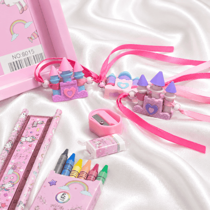 iLearnNGrow Unicorn Theme Stationery Rakhi Combo featuring a colorful unicorn pencil box set with a charming castle Rakhi, combining useful school stationery with festive Raksha Bandhan fun for kids.