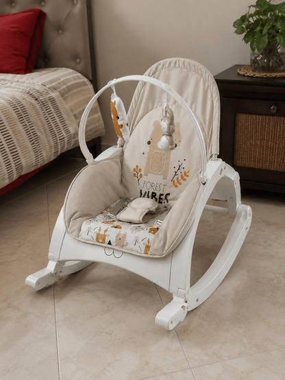 INFANTSO baby rocker and bouncer in beige for 0–2 years with cushioned seat, gentle rocking motion, secure harness, and comfortable design for baby relaxation and play.